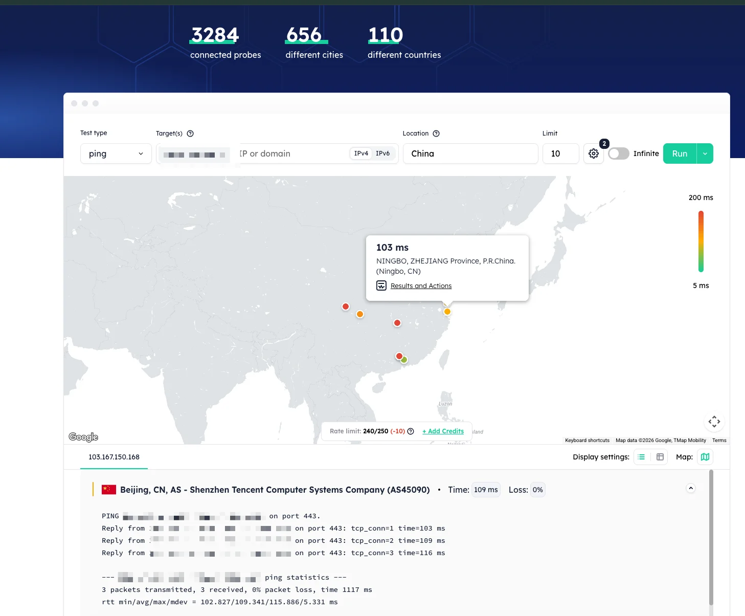 Globalping connectivity test against the VPN endpoint from probes in China.
