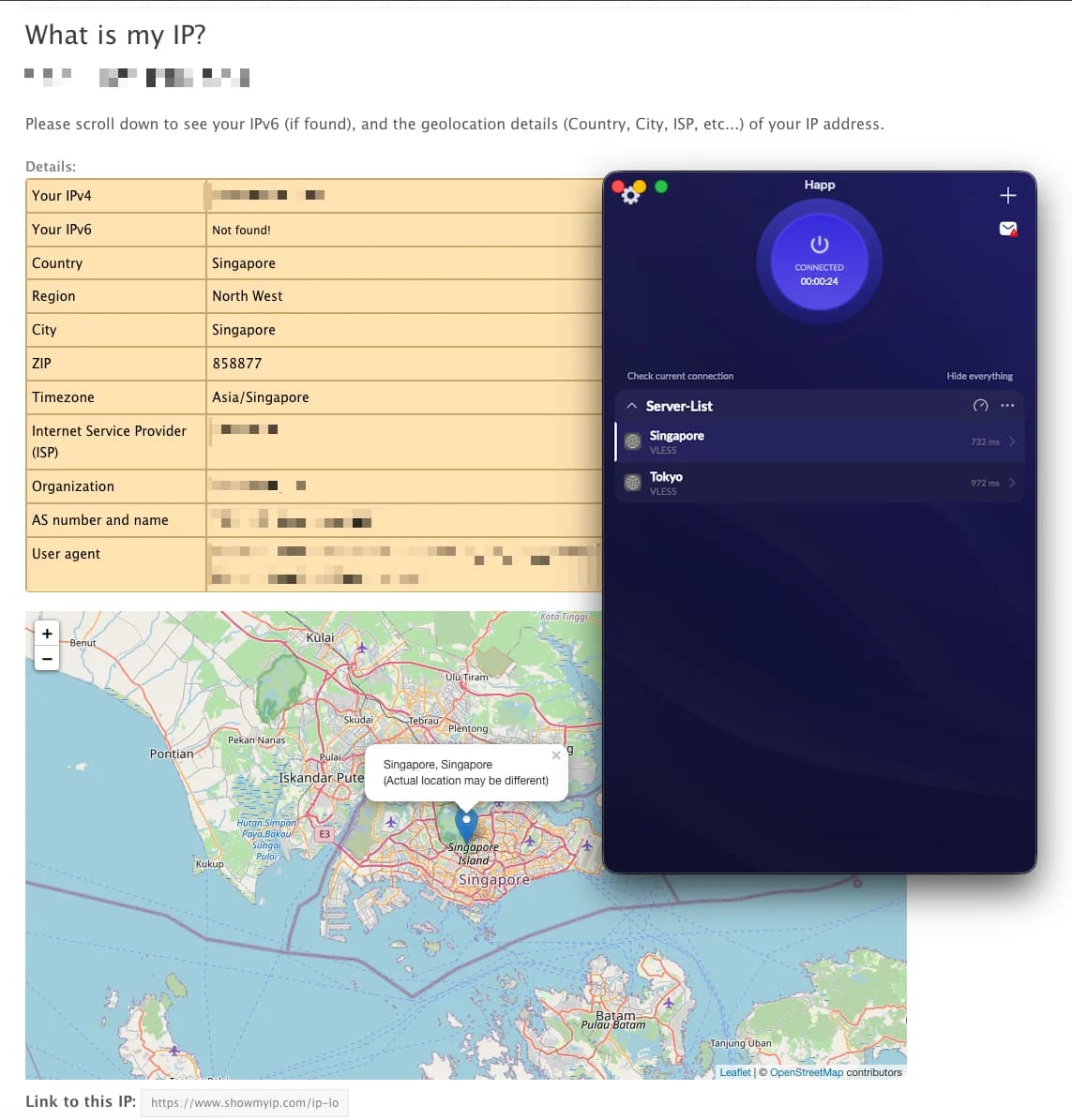 Happ client connected through a Singapore VPN endpoint with an IP lookup in the background.